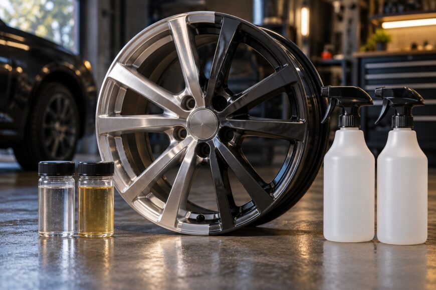 A clean alloy wheel stands on a concrete garage floor next to spray bottles and small liquid sample containers