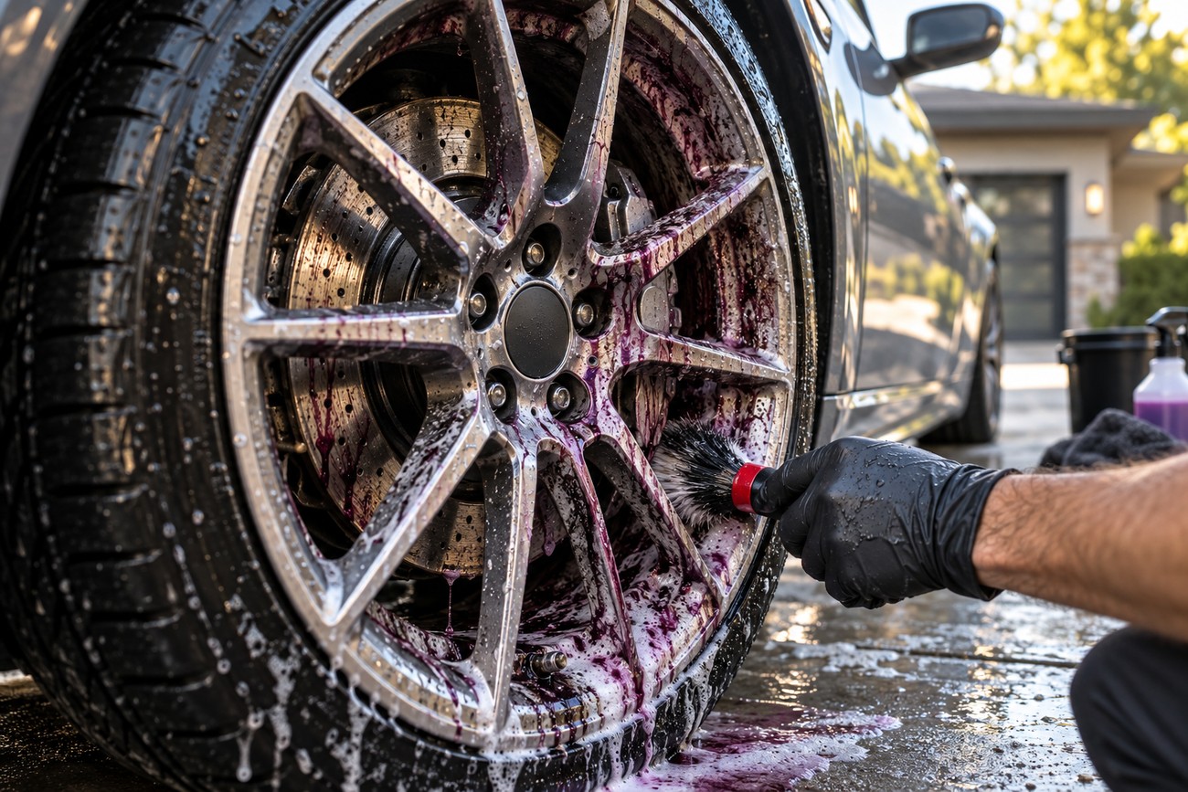 A person in black gloves cleans a car wheel rim with a brush and purple foaming cleaner