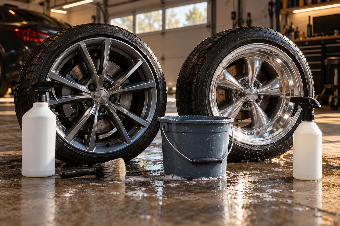 Two clean car wheels set on a wet garage floor next to spray bottles and a wash brush