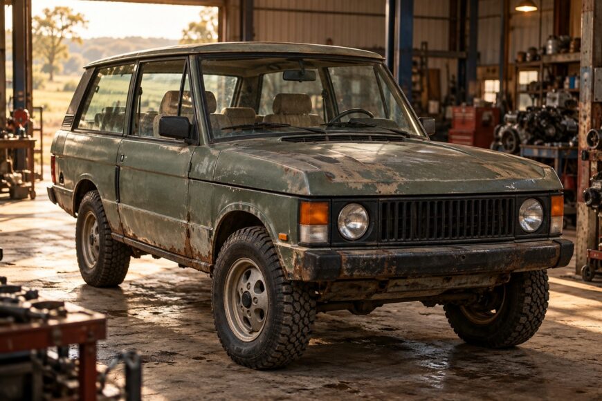 A weathered green Range Rover Classic Two-Door parked inside a rustic repair shop with sunlight streaming in