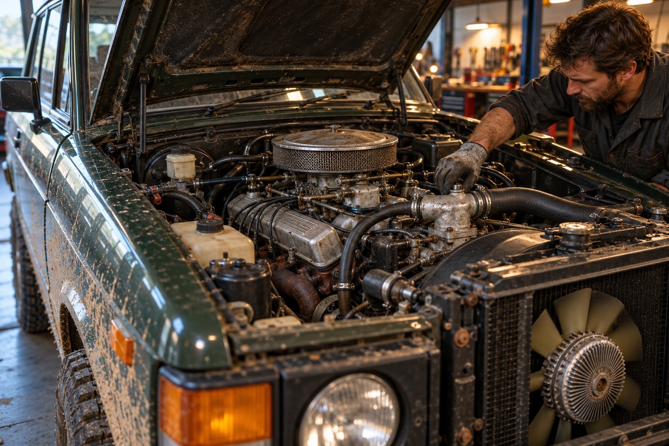 A bearded mechanic in a workshop inspecting the open and muddy V8 engine bay of a classic green two-door SUV