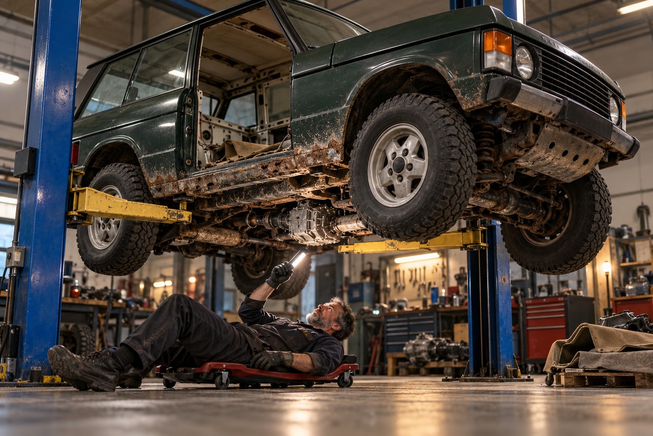 A mechanic lying on a creeper underneath a classic two-door Range Rover raised on a hydraulic lift in a garage