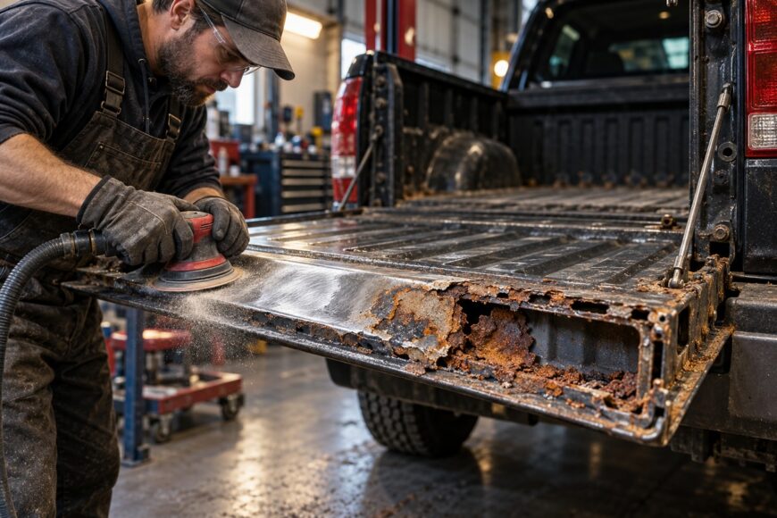 A mechanic wearing safety glasses and work gloves uses a sander to remove heavy rust from a pickup truck tailgate