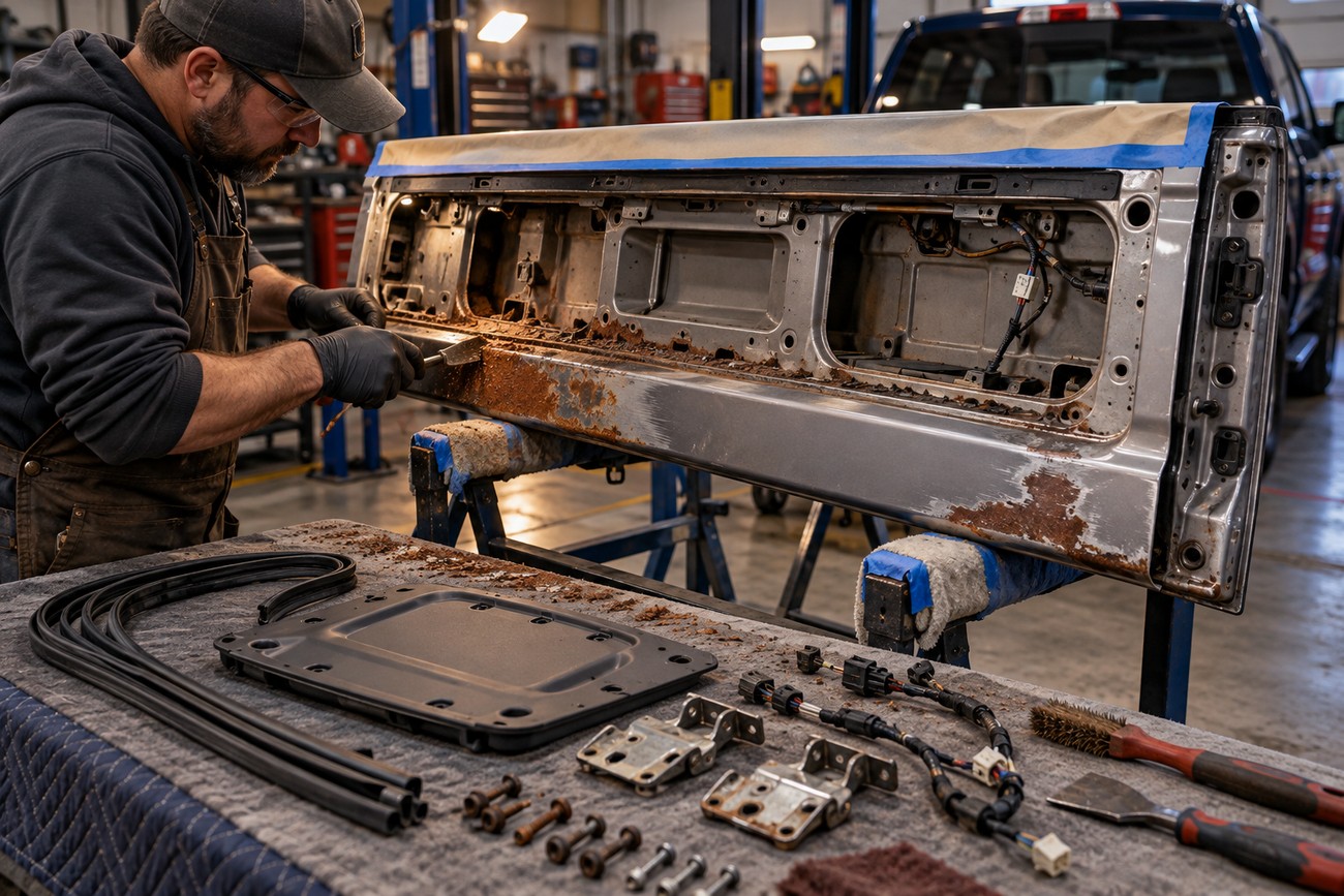 Mechanic in gloves scraping rust from a pickup truck tailgate on a workshop stand