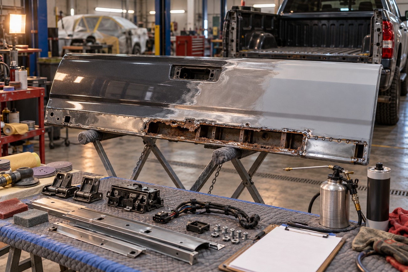 Disassembled pickup truck tailgate showing heavy bottom rust placed on a repair stand in a workshop