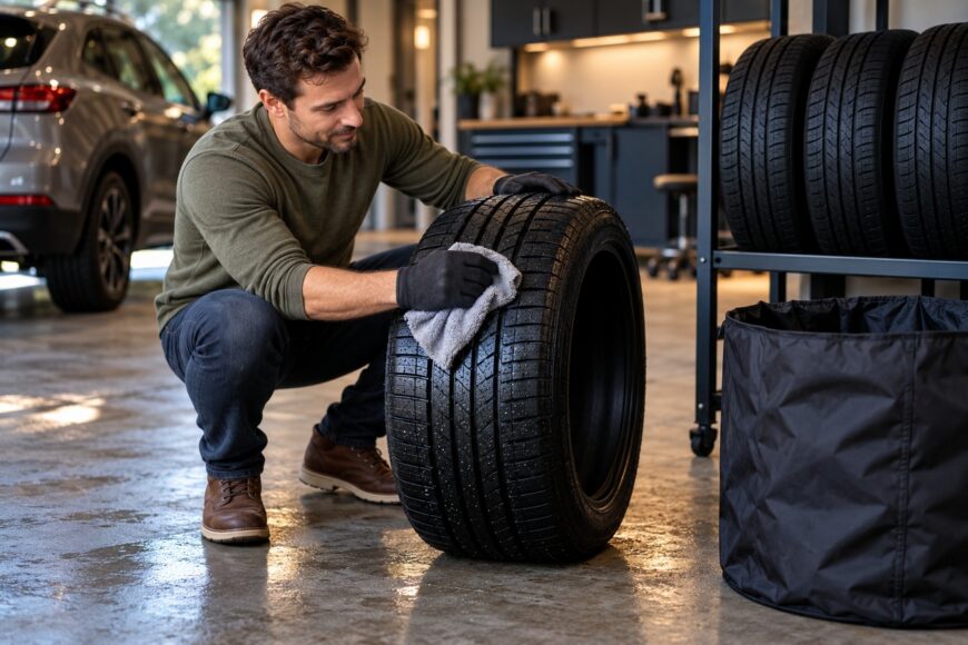 A man crouching in a garage and wiping a seasonal car tire with a cleaning cloth before storage