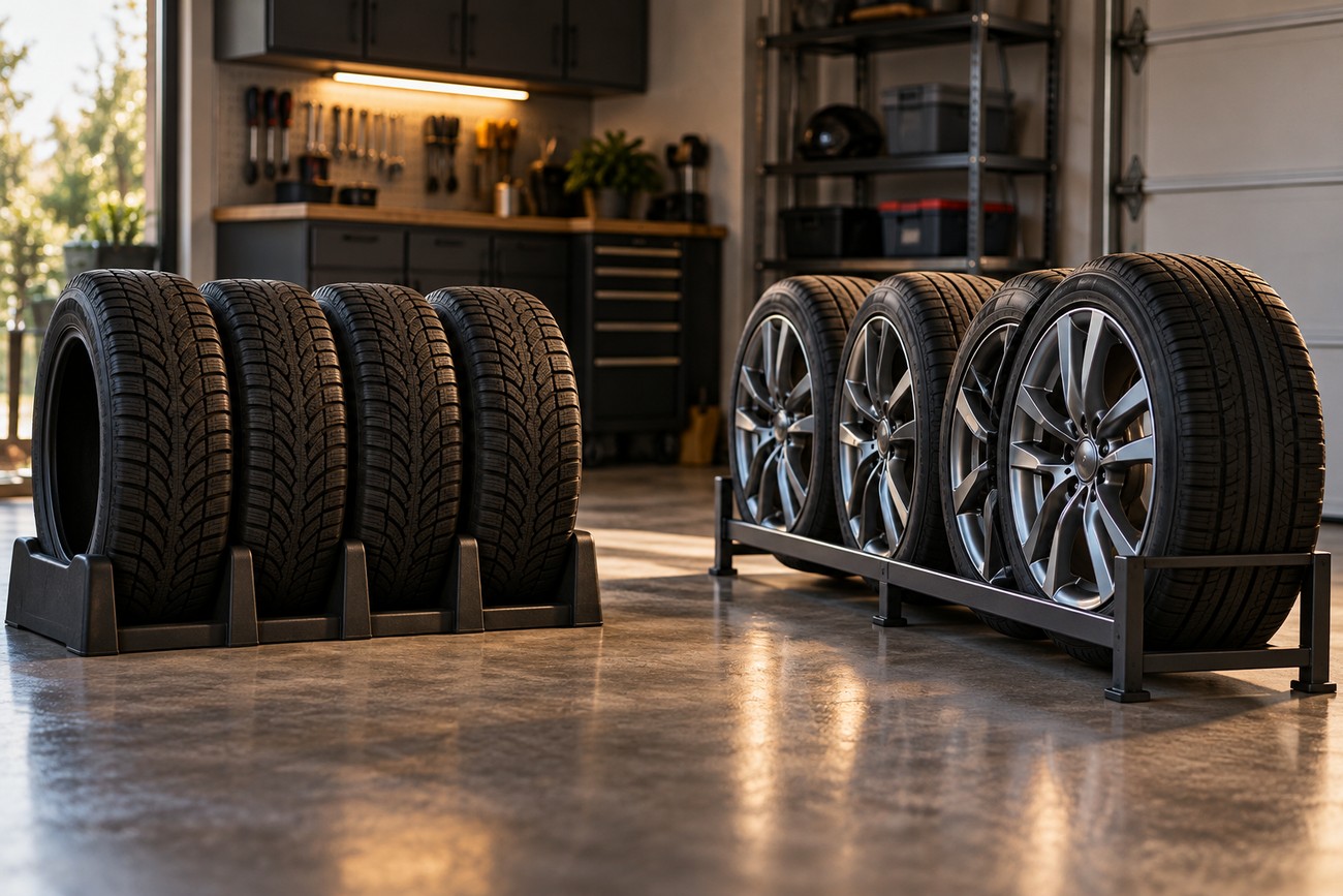 Seasonal car tires and wheels properly organized on storage racks on a clean garage floor