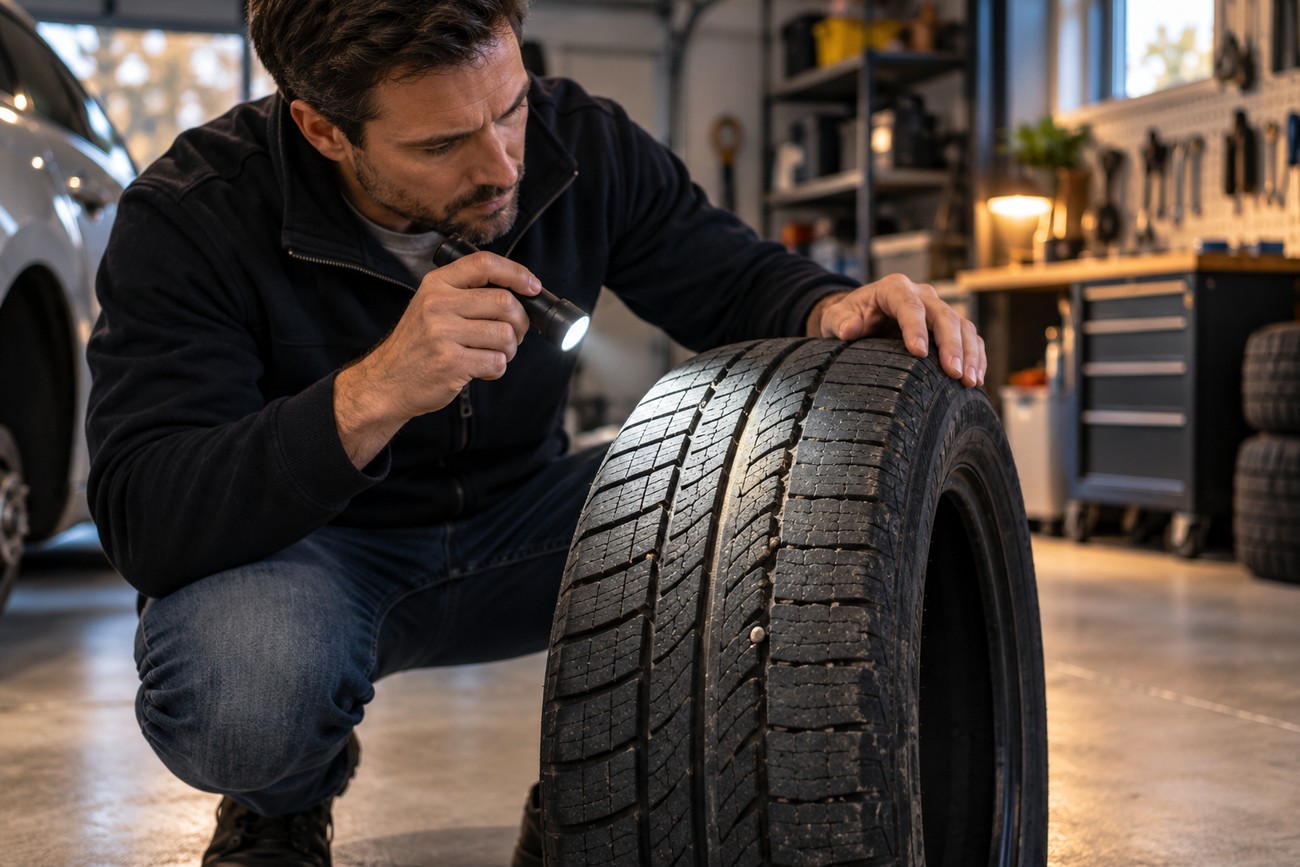A man crouching in a garage inspecting the tread of a car tire with a flashlight
