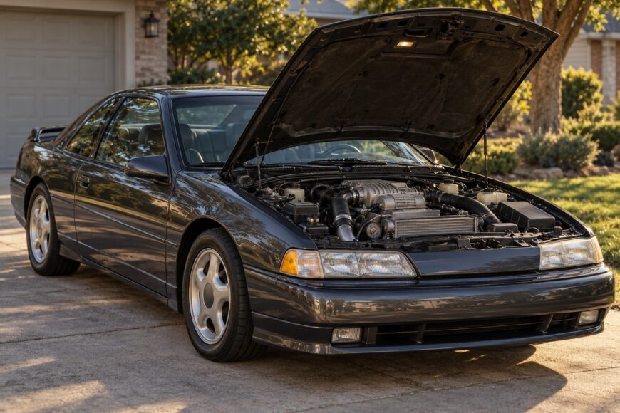 Dark gray Ford Thunderbird Super Coupe parked in a residential driveway with its hood open exposing the supercharged engine