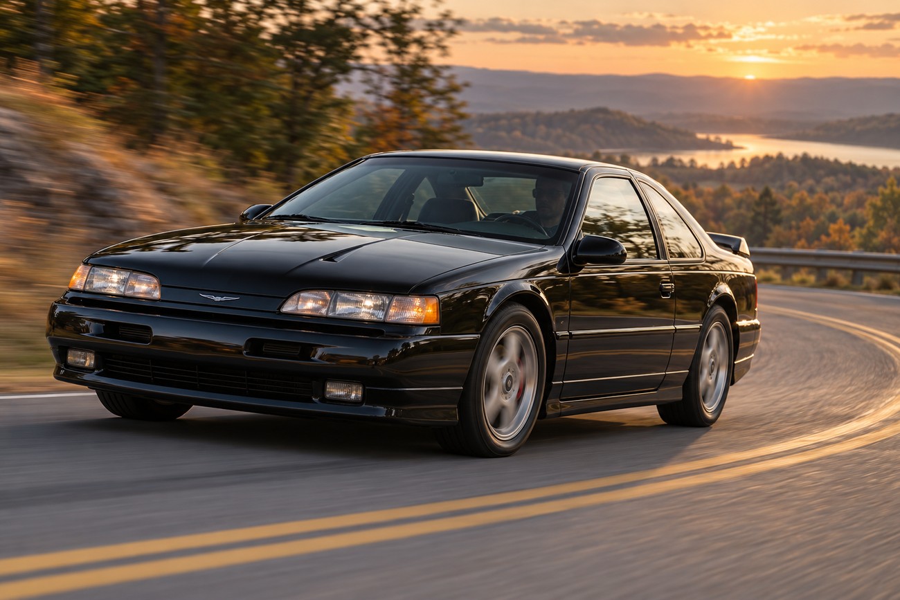 A black Ford Thunderbird Super Coupe driving dynamically around a curve on a scenic mountain road at sunset