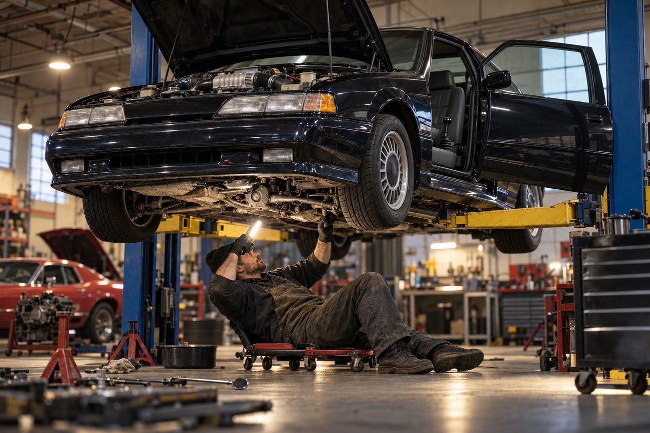 Mechanic lying on a creeper inspecting the undercarriage of a lifted Ford Thunderbird Super Coupe with a work light