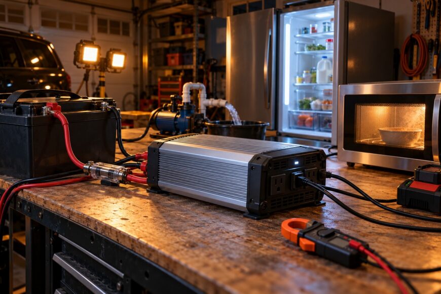 A silver power inverter connected via red and black cables to a battery on a wooden workbench powering appliances
