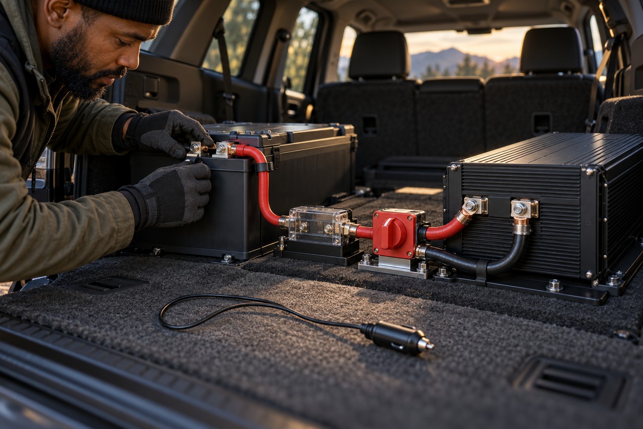A man wearing work gloves connects red power cables to a battery setup and power inverter in the back of a car
