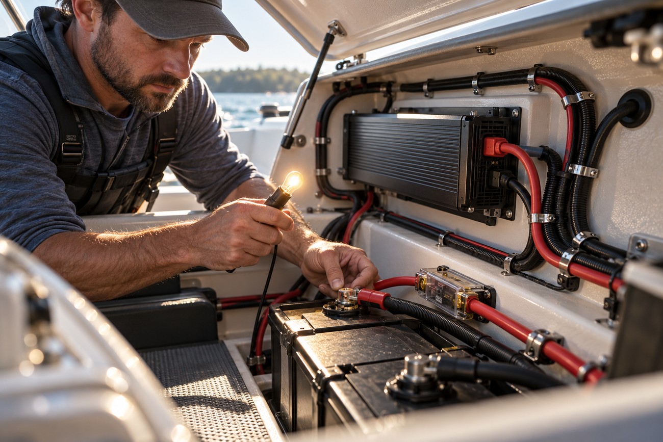 A technician in a boat compartment testing an installed power inverter with a glowing test bulb connected to the battery wiring