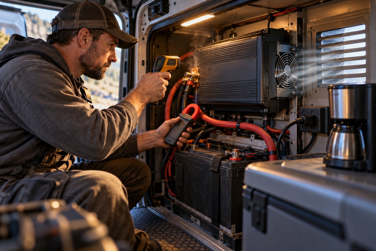 A mechanic checks the temperature of a power inverter installed in a camper van electrical system with a multimeter