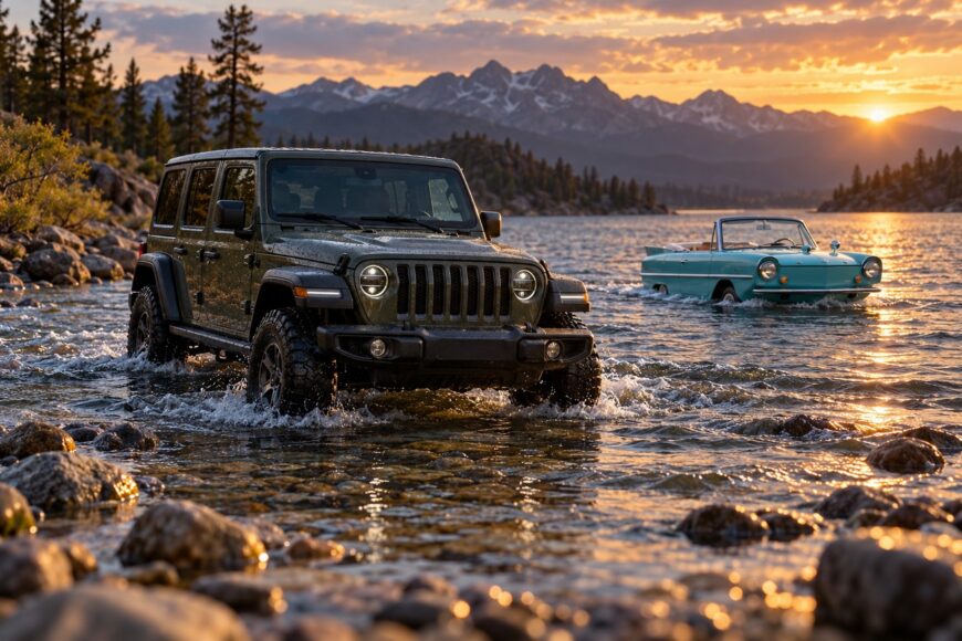 A green Jeep Wrangler drives through rocky lake water with a vintage blue Amphicar floating nearby at sunset