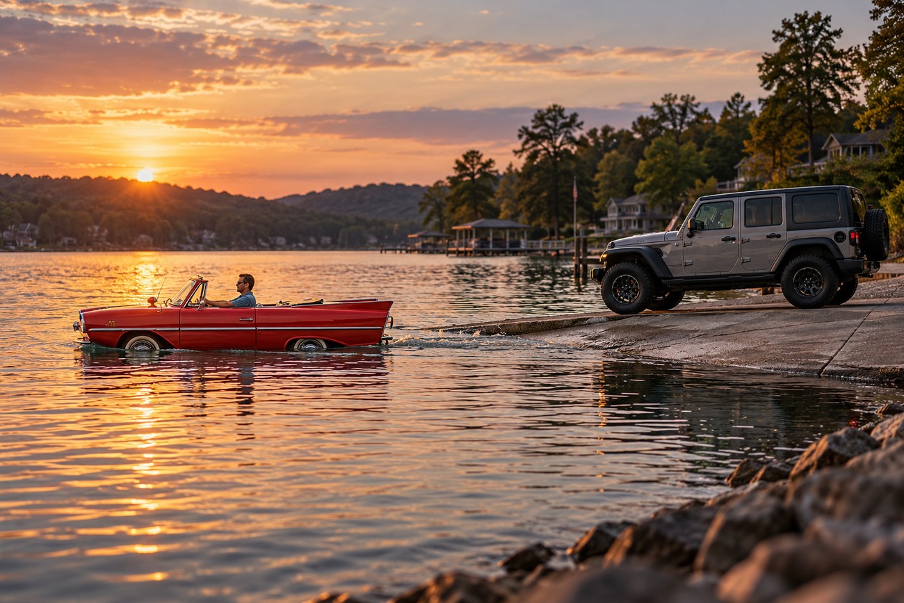 A red amphibious car floating in the lake water at sunset with a modern gray Jeep Wrangler parked on the boat ramp