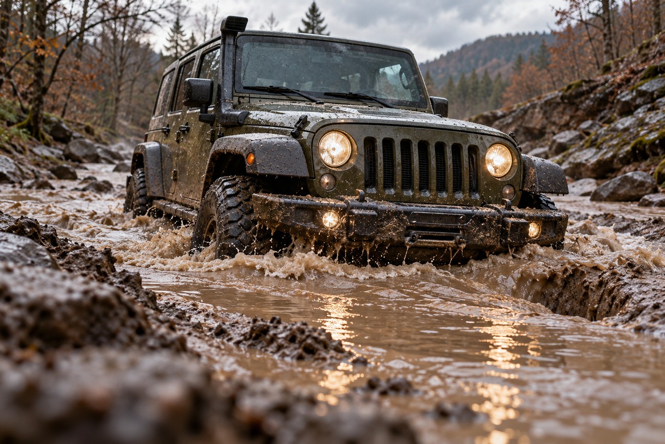 An olive green Jeep Wrangler driving through a muddy river with water splashing around the tires