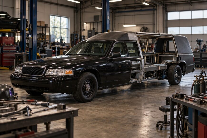 A black Ford Crown Victoria under construction with an extended metal framework and raised roof inside a professional automotive workshop