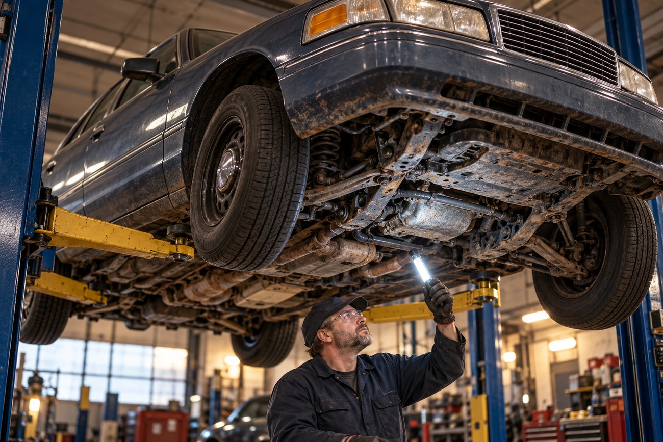 Mechanic wearing safety glasses and holding a work light while inspecting the undercarriage of a Ford Crown Victoria lifted on a hydraulic hoist in a garage