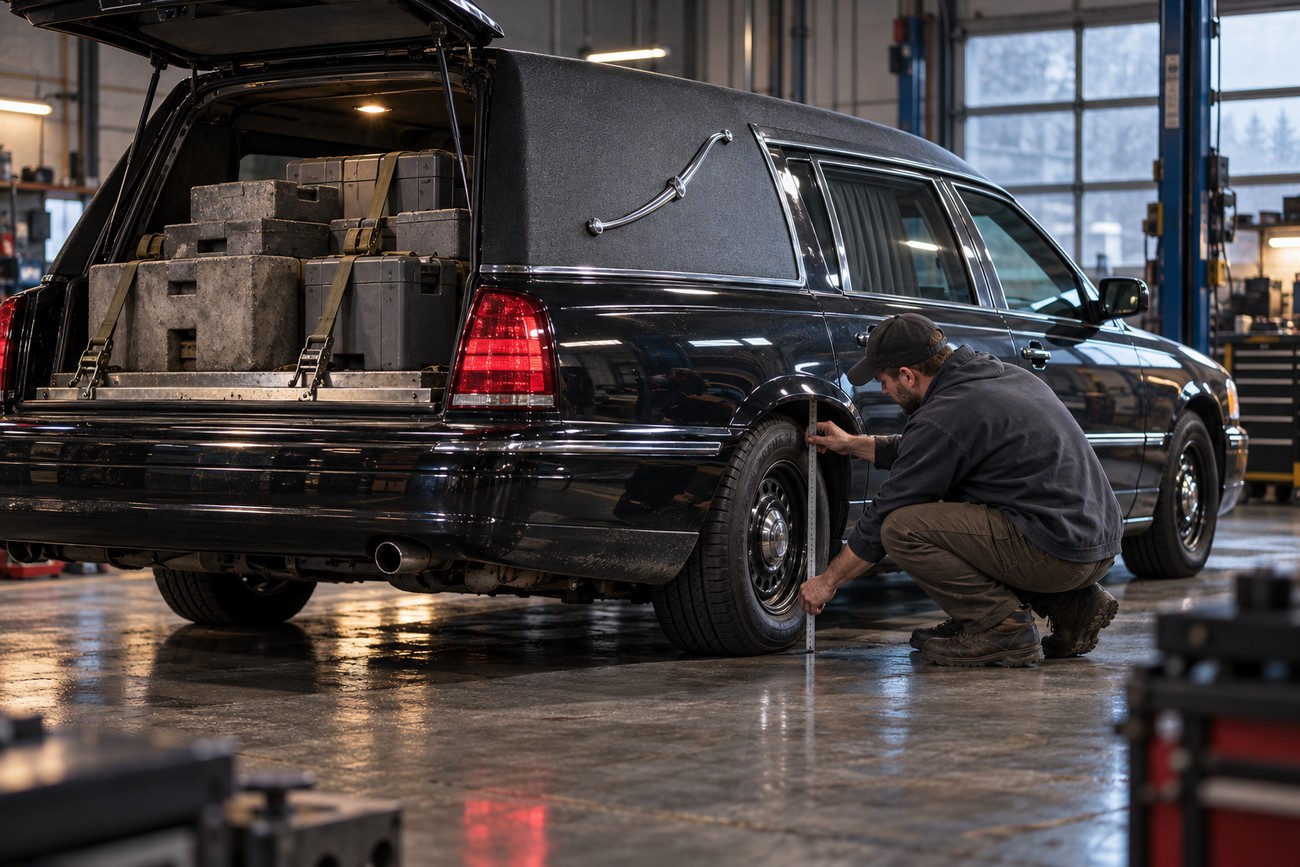 Mechanic crouching to measure the rear wheel clearance of a converted black Ford Crown Victoria hearse in a garage