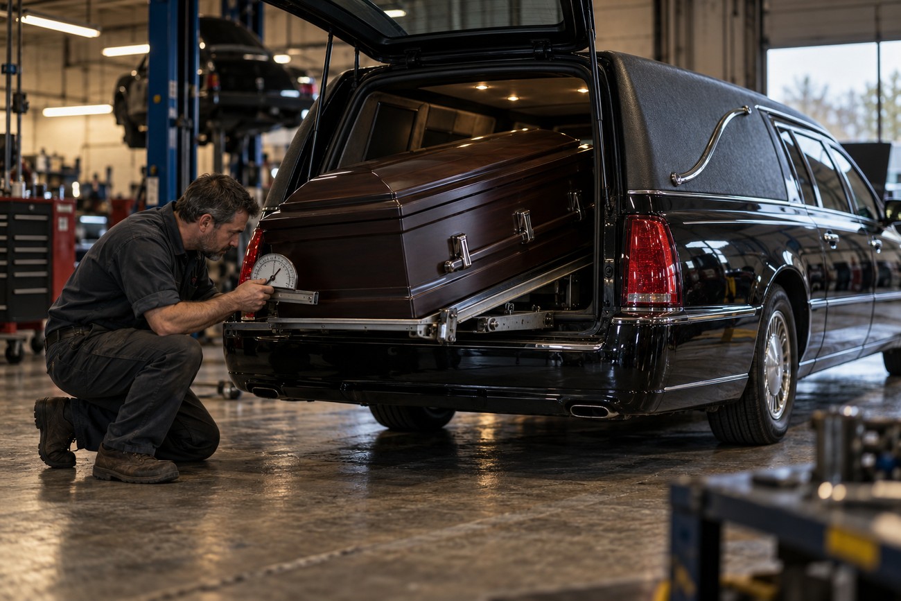 Mechanic adjusting the sliding track mechanism for a wooden casket inside a black Ford Crown Victoria hearse in a garage