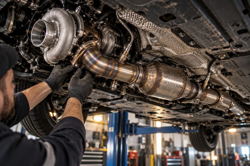 A mechanic in gloves installs a stainless steel downpipe connected to a turbocharger under a car