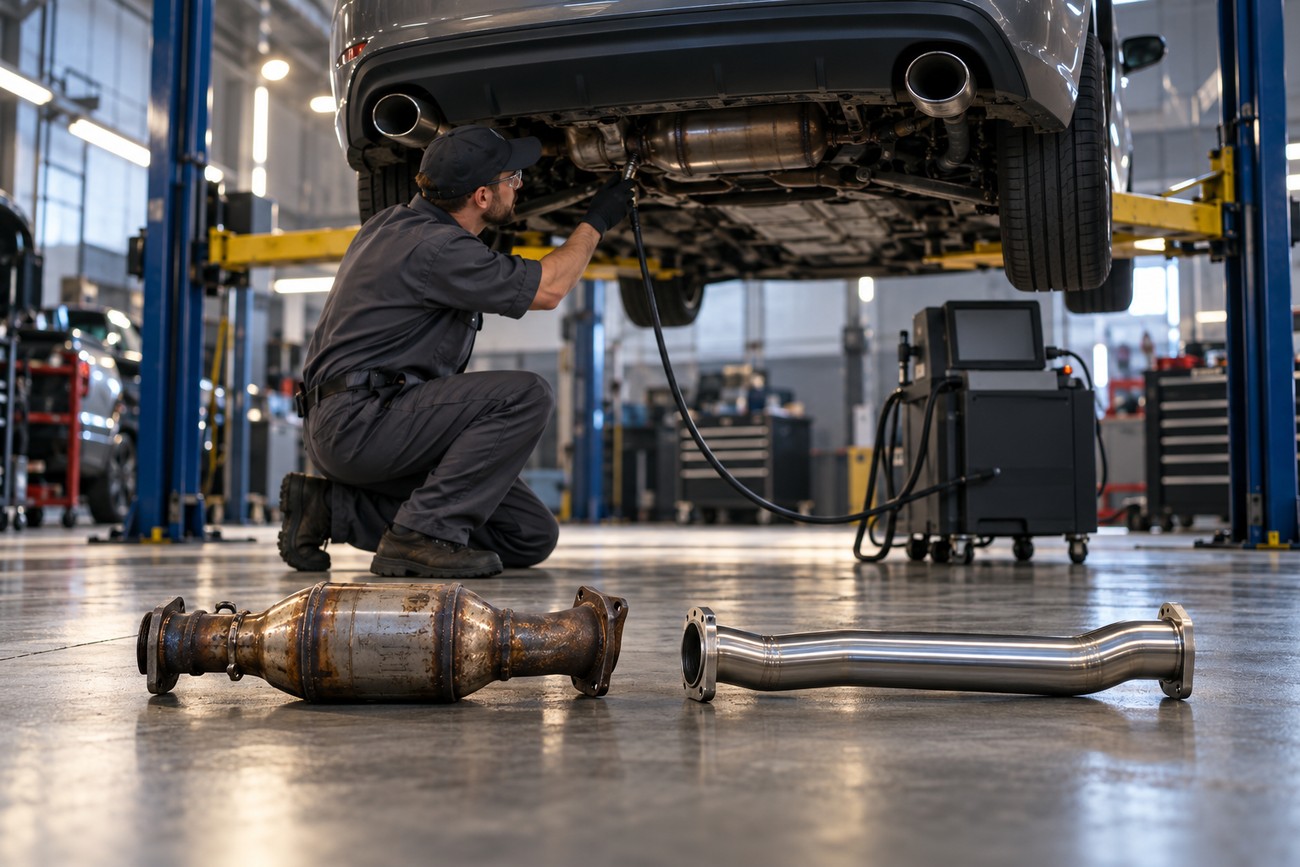 A mechanic inspecting a lifted car exhaust system with new and old downpipes on the shop floor