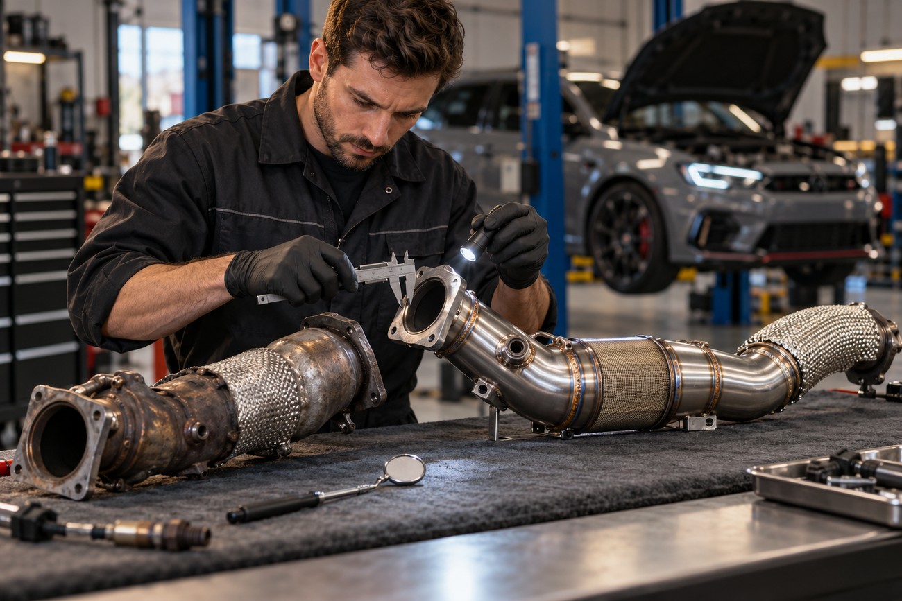 A mechanic wearing gloves measures a stainless steel downpipe with calipers and a flashlight in a repair shop