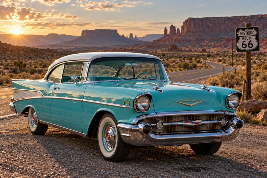 A vintage turquoise and white Chevrolet Bel Air parked on the side of Route 66 during sunset with desert mesas in the background