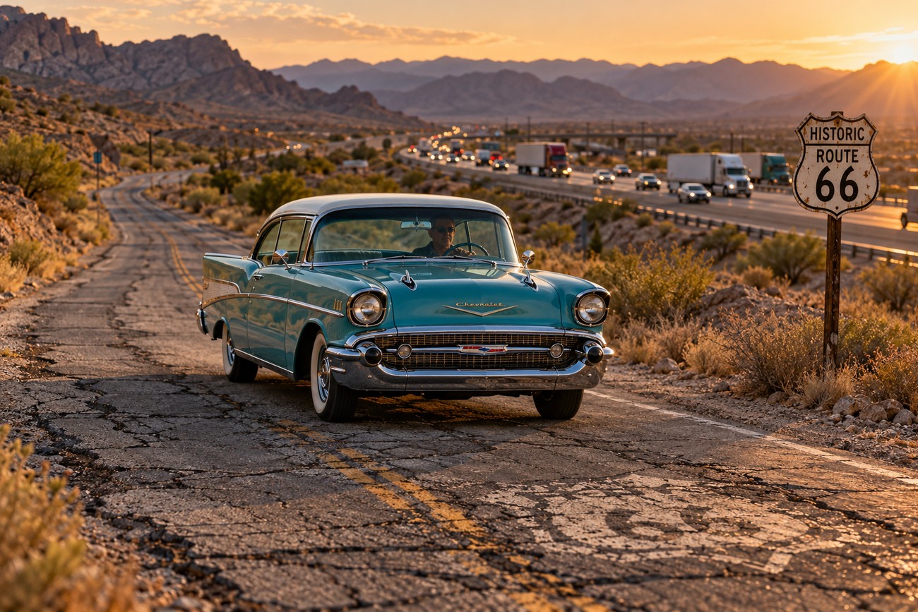 A classic turquoise Chevy Bel Air driving on an old cracked desert road next to a Historic Route 66 sign at sunset