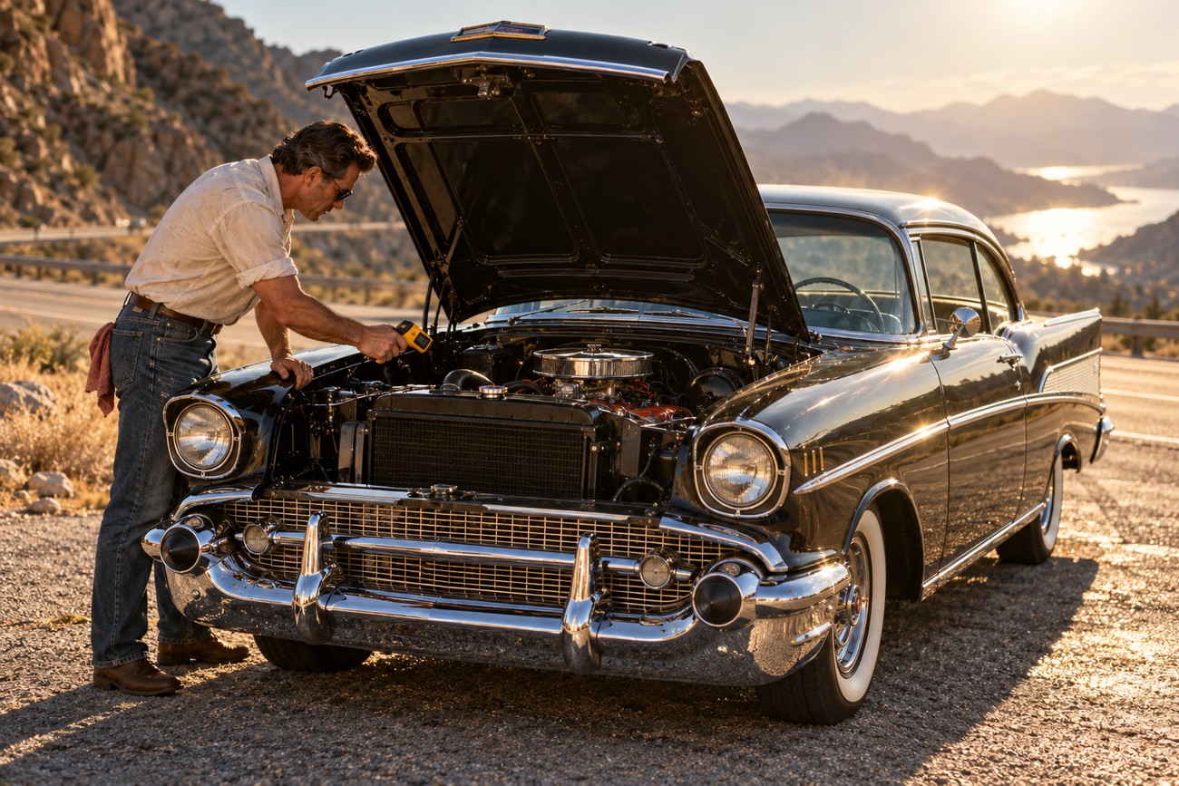 A man inspecting the engine of a classic black Chevy Bel Air parked along Route 66 at sunset