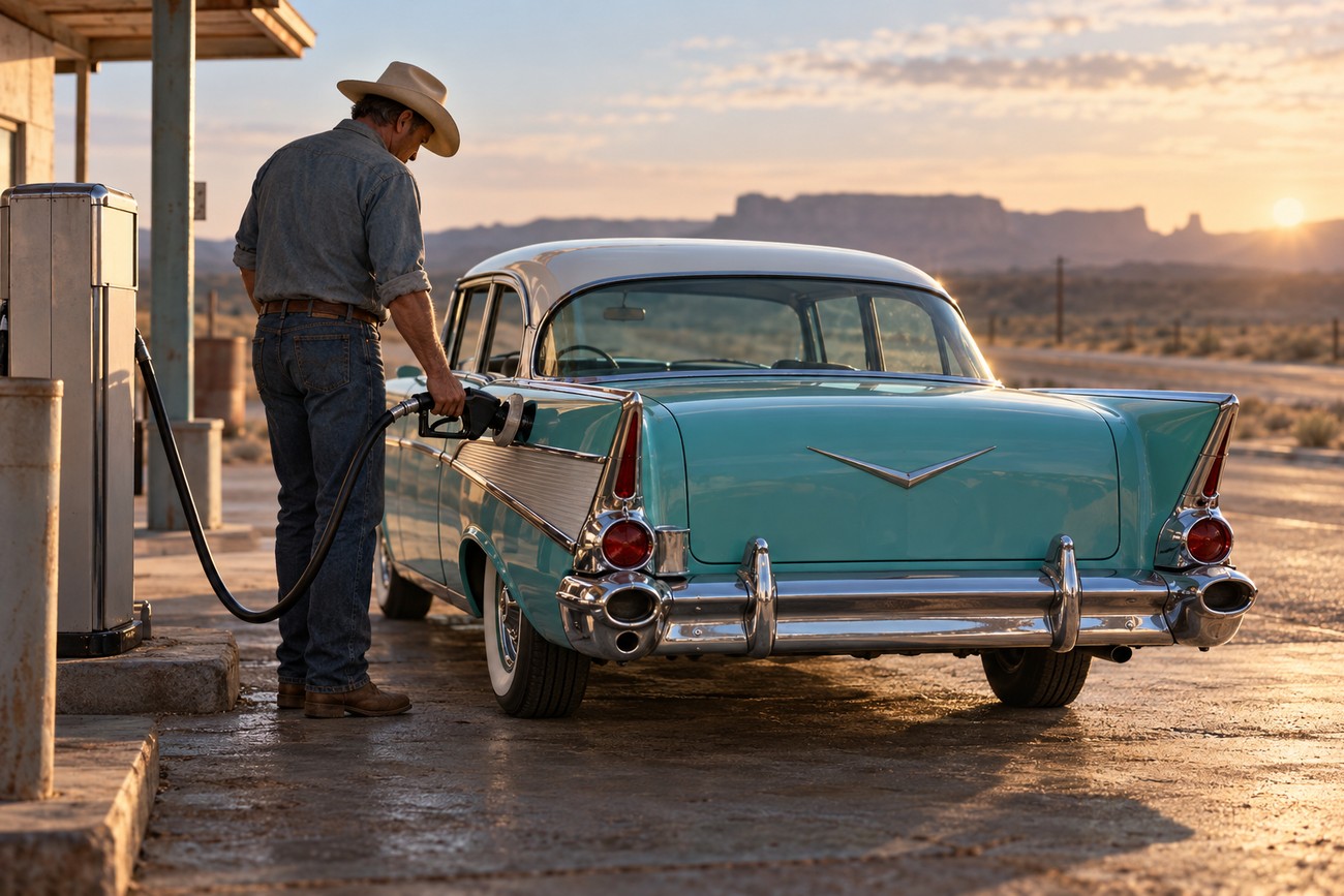A man wearing a cowboy hat fuels up a classic turquoise Chevy Bel Air at a desert gas station at sunset