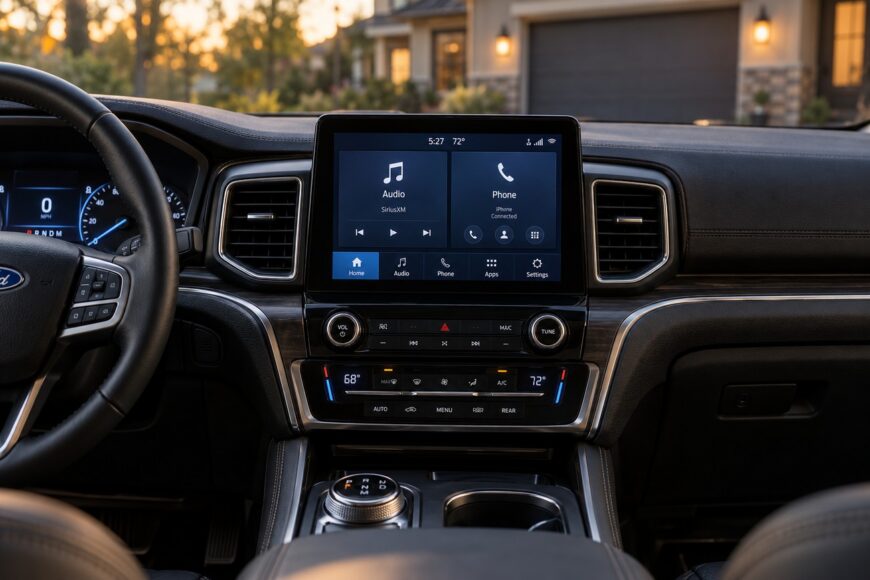 Central touchscreen infotainment display and dashboard controls inside a Ford Explorer cabin