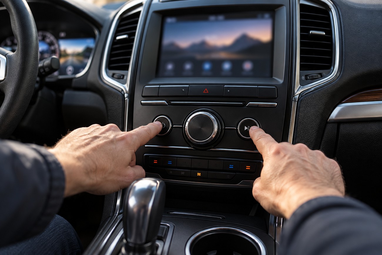 Driver pressing power and fast-forward buttons simultaneously on the dashboard to reset a frozen infotainment screen in a Ford Explorer