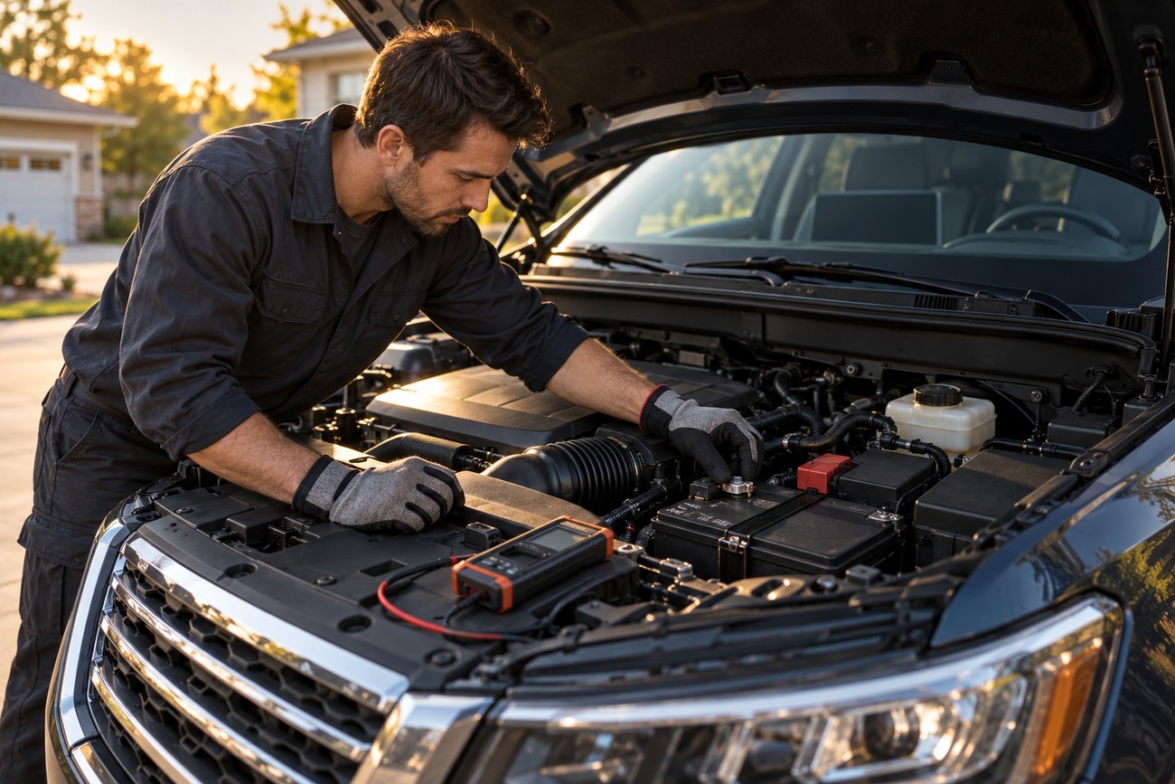 A mechanic wearing gloves inspects the car battery under the open hood of a Ford Explorer during infotainment troubleshooting
