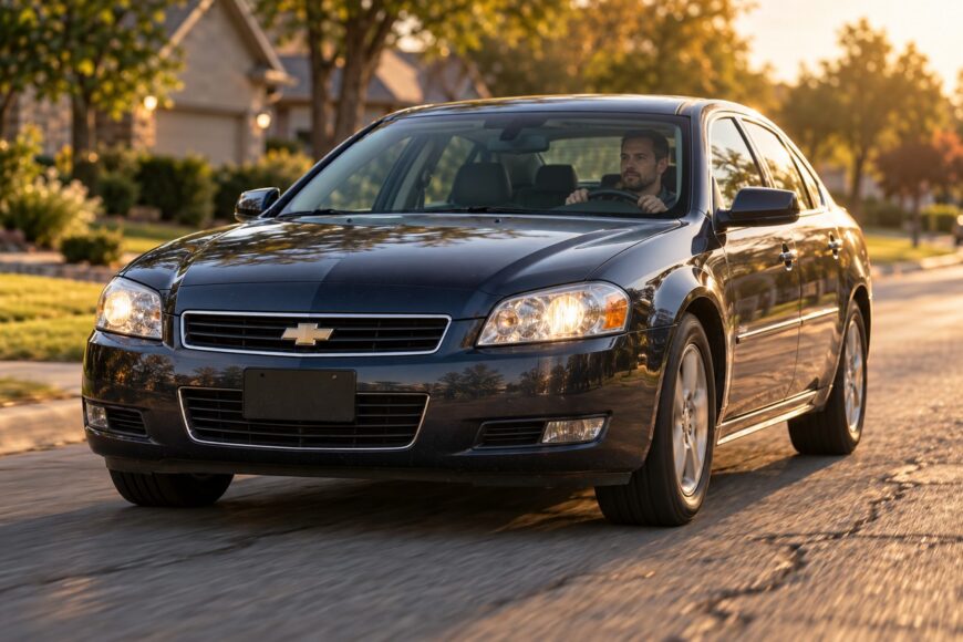 A man driving a dark used Chevy Impala down a sunny suburban residential street