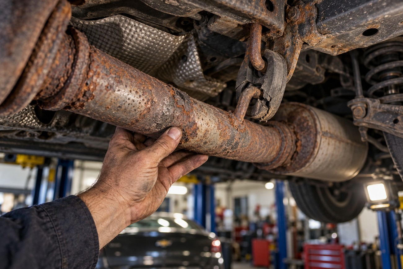 Mechanic holding a heavily rusted exhaust pipe under a car chassis in a repair shop