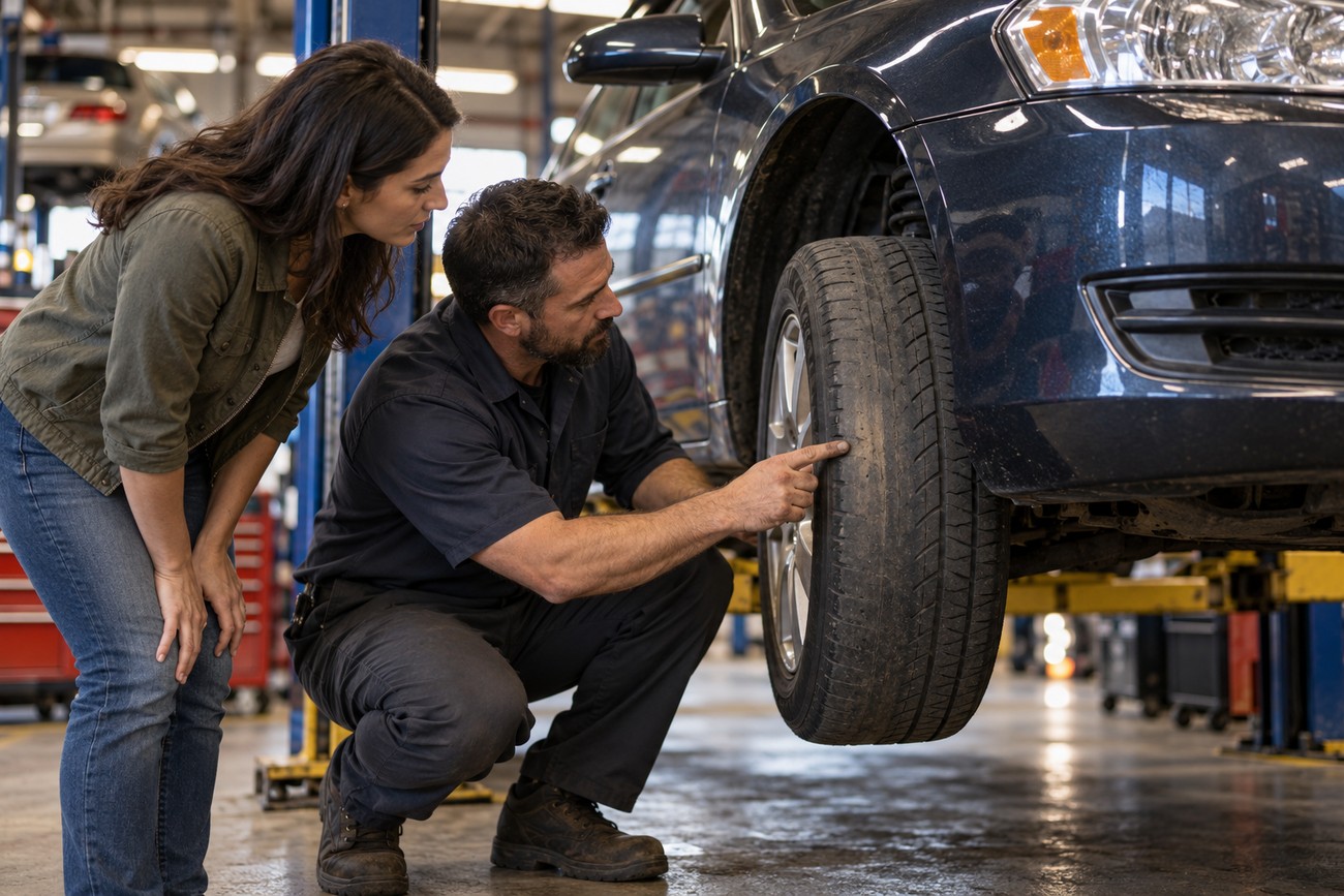 A male mechanic crouching and pointing at the tire of a blue Chevy Impala lifted on a hoist while a female car owner looks on in a repair shop