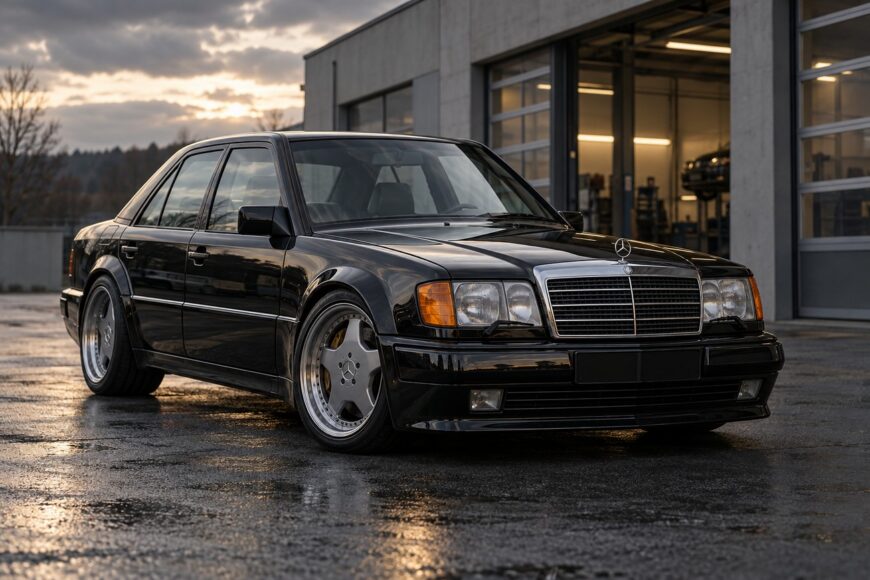Black Mercedes 500E sedan parked on wet ground in front of a building with glass doors