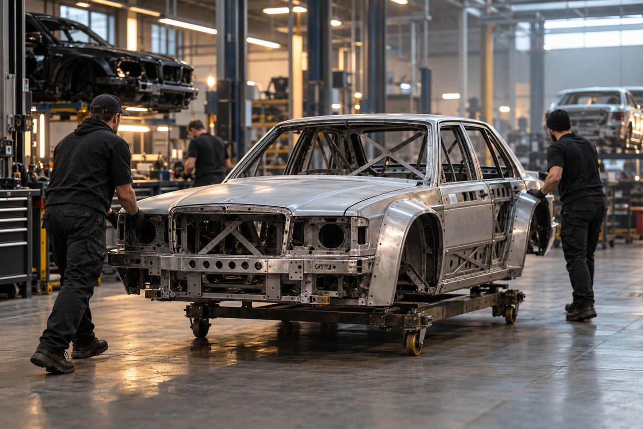 Two mechanics in black uniforms moving a bare metal Mercedes 500E chassis on a rolling cart inside a factory