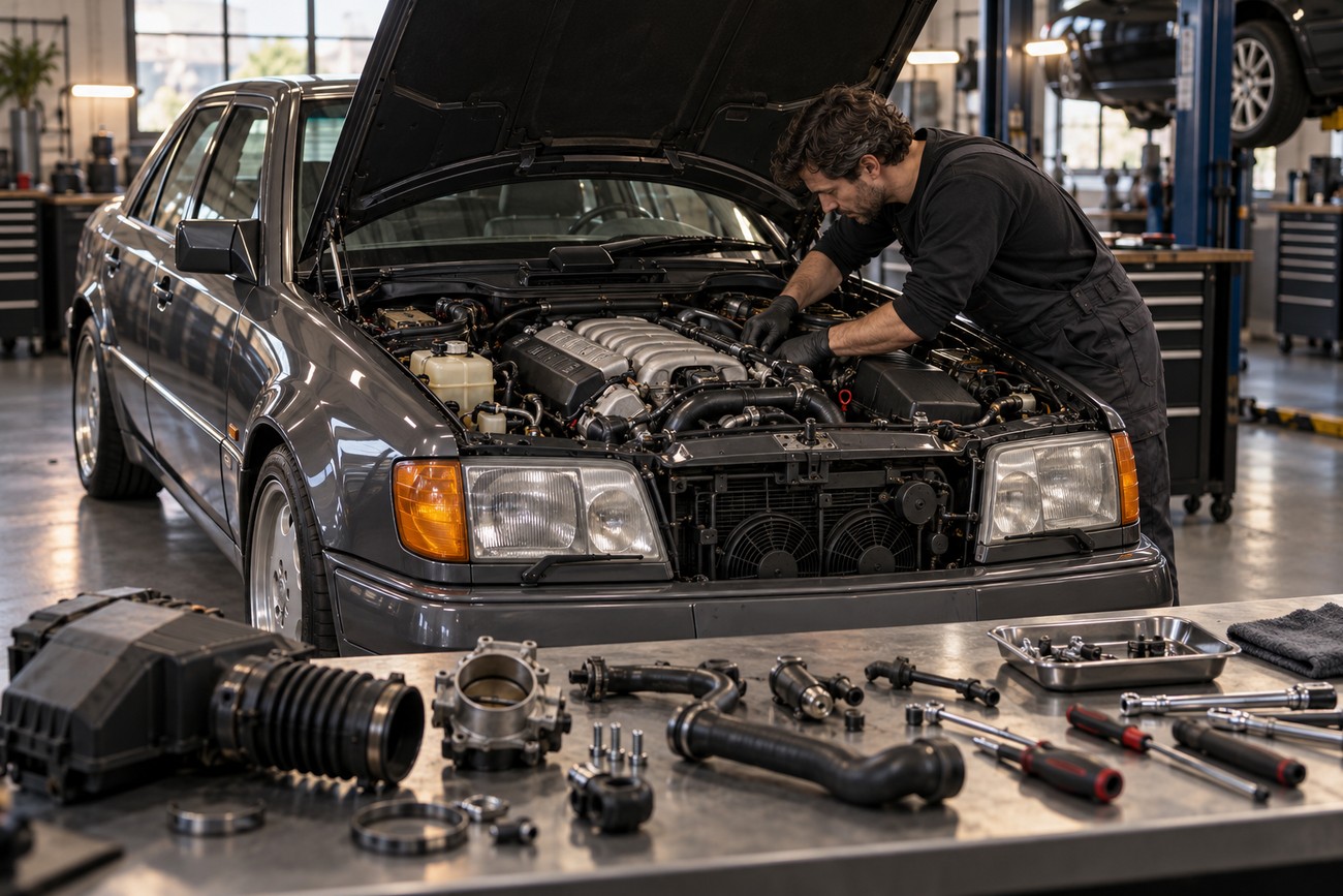 A mechanic in black overalls working on the engine of a grey Mercedes 500E with tools laid out on a workbench in the foreground