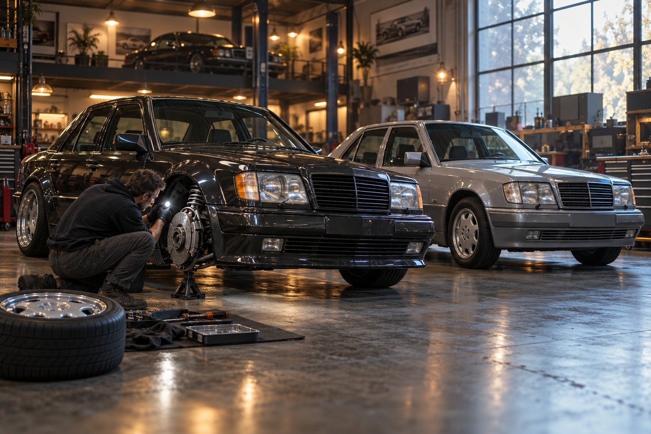 A mechanic working on the front suspension of a black Mercedes 500E inside a classic car workshop with a silver sedan parked nearby