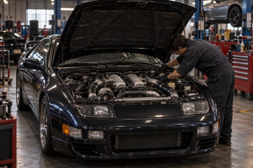 Mechanic working on the complex twin turbo engine bay of a black Nissan 300ZX in a repair shop