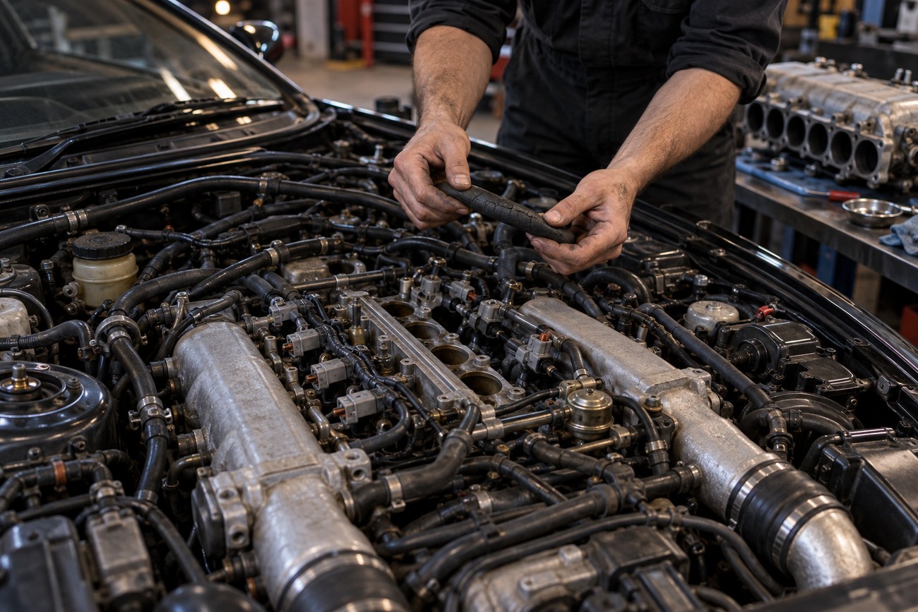 Mechanic holding a cracked rubber hose over the complex wiring and plumbing of a Nissan 300ZX Twin Turbo engine bay