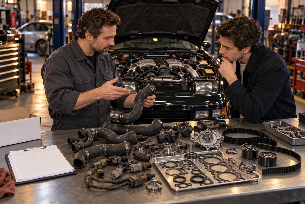 Mechanic explaining complex rubber hoses and engine parts to a customer over a workbench with a Nissan 300ZX Twin Turbo in the background