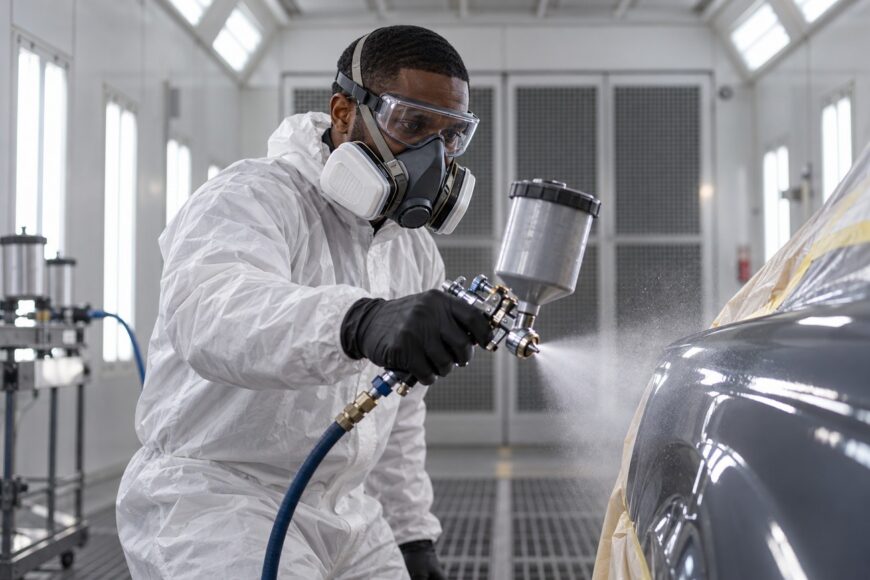 A professional painter wearing a respirator mask and protective suit sprays paint on a car