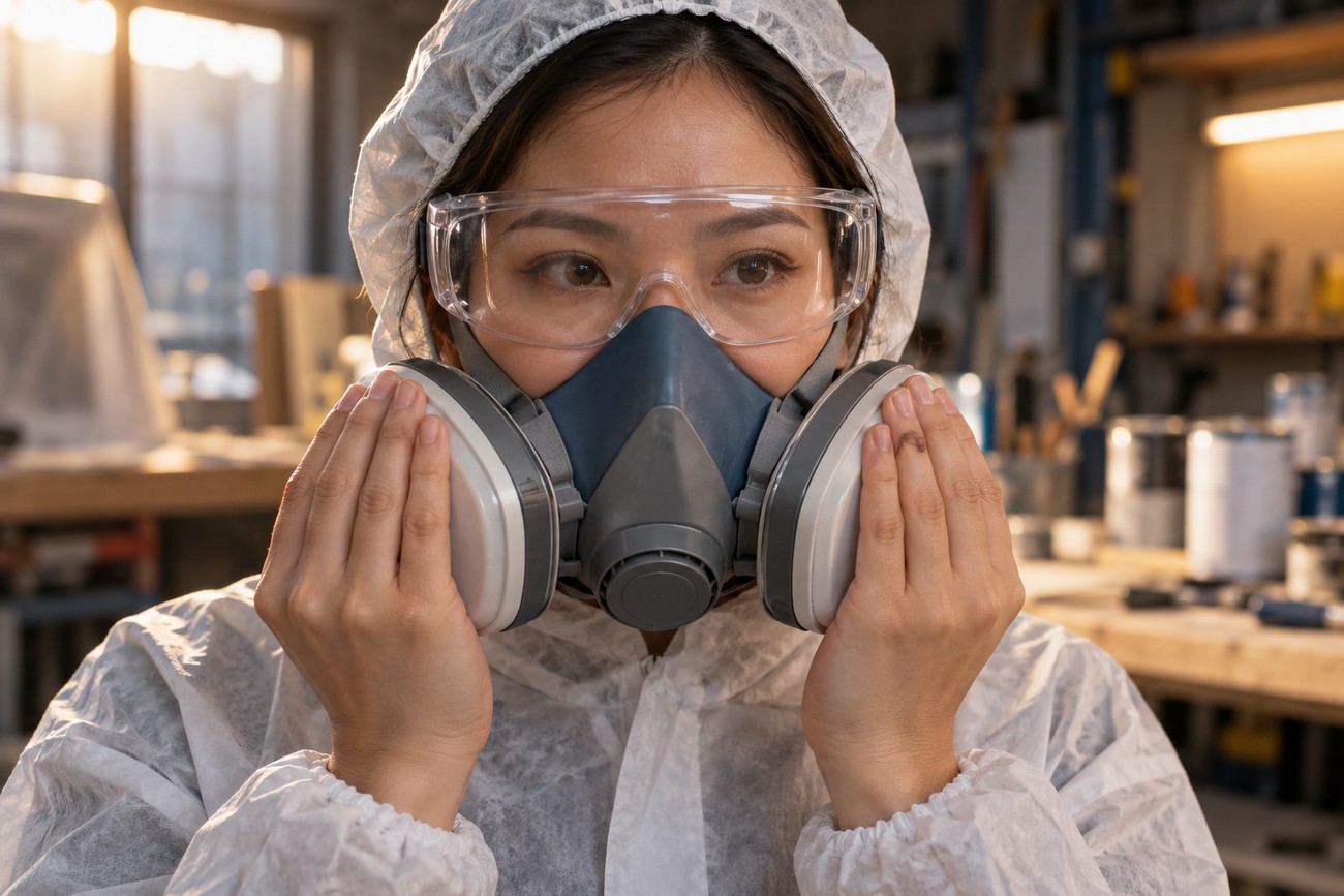 A female painter adjusting a half-mask respirator and safety goggles while wearing a protective hooded coverall in a workshop