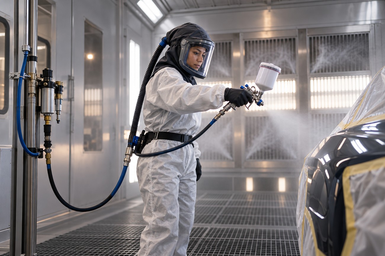 A female painter wearing protective safety gear and a supplied-air respirator helmet uses a spray gun on a car in a booth