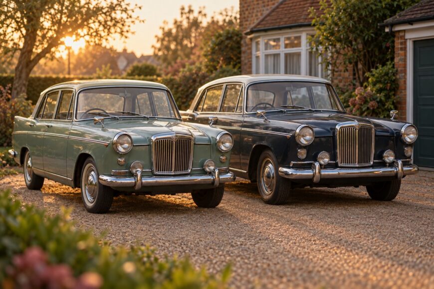 Two vintage Farina-styled Austin Cambridge sedans parked side by side on a gravel driveway during sunset